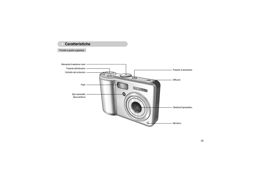 Samsung EC-S700ZBBB/E1, EC-S700ZBBA/E1 manual Caratteristiche, Fronte e parte superiore 