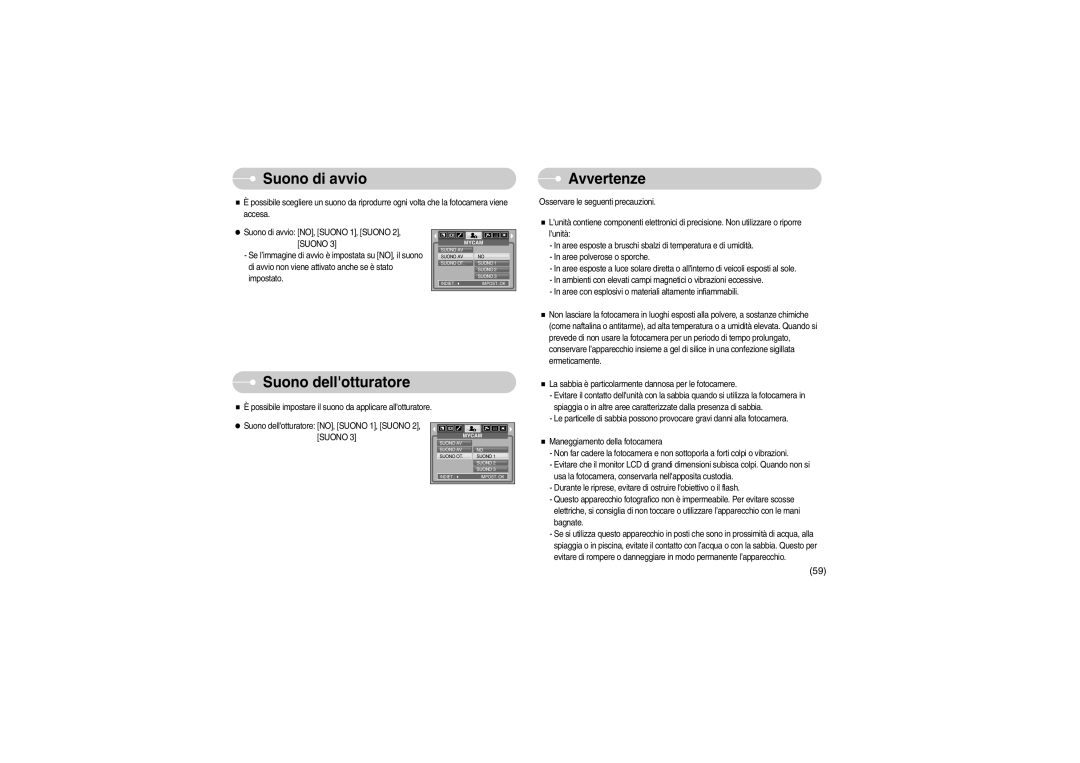 Samsung EC-S700ZBBB/E1, EC-S700ZBBA/E1 manual Suono di avvio, Avvertenze, Suono dellotturatore 