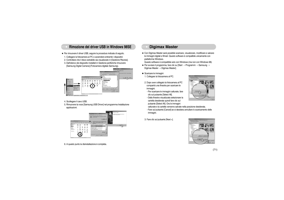 Samsung EC-S700ZBBB/E1, EC-S700ZBBA/E1 manual Digimax Master, Rimozione del driver USB in Windows 98SE 