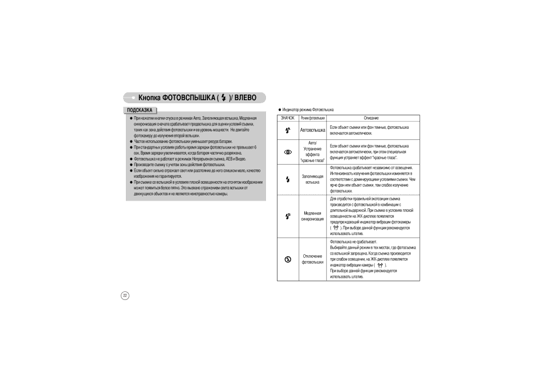 Samsung EC-S700ZSBD/GB, EC-S700ZBBB/FR, EC-S700ZBBC/FR, EC-S700ZSBB/FR manual Описание Автовспышка Включается автоматически 