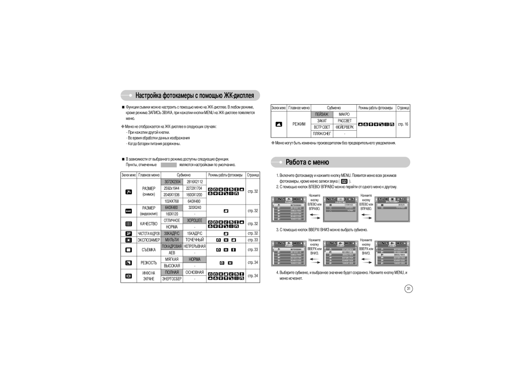 Samsung EC-S700ZSBA/FR, EC-S700ZBBB/FR, EC-S700ZBBC/FR, EC-S700ZSBB/FR, EC-S700ZSBB/E1, EC-S700ZBBD/FR manual Абота с меню 