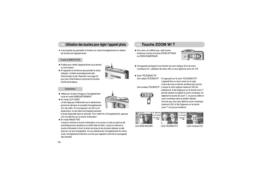 Samsung EC-S700ZBBD/FR, EC-S700ZBBB/FR manual Touche Zoom W/ T, Utilisation des touches pour régler l’appareil photo 