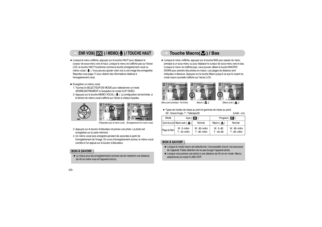 Samsung EC-S700ZBBB/FR, EC-S700ZBBC/FR, EC-S700ZSBB/FR, EC-S700ZSBA/FR, EC-S700ZSBB/E1, EC-S700ZBBD/FR manual Touche Macro / Bas 