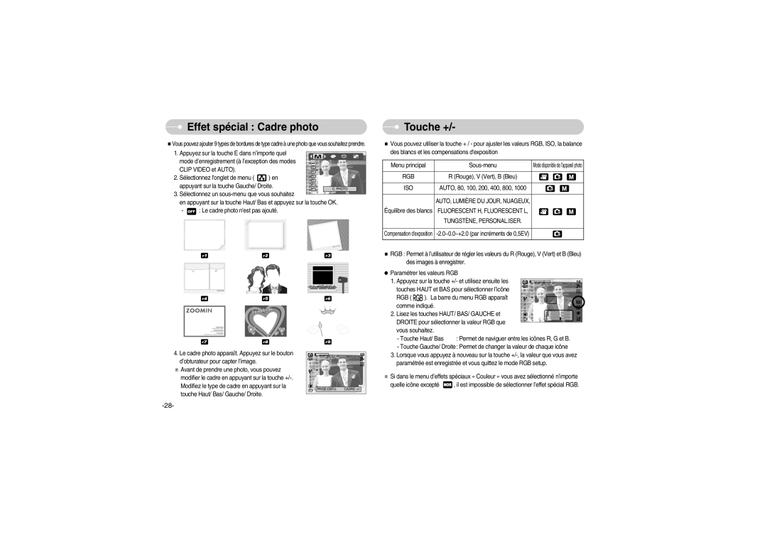 Samsung EC-S700ZBBC/FR manual Effet spécial Cadre photo, Touche +, Rouge, V Vert, B Bleu, AUTO, 80, 100, 200, 400, 800 