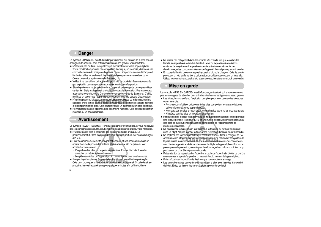 Samsung EC-S700ZSBA/FR, EC-S700ZBBB/FR, EC-S700ZBBC/FR, EC-S700ZSBB/FR, EC-S700ZSBB/E1 manual Avertissement, Mise en garde 