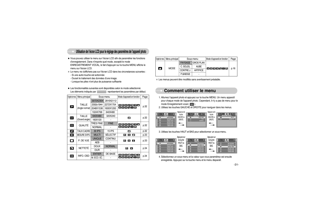 Samsung EC-S700ZSBB/E1, EC-S700ZBBB/FR, EC-S700ZBBC/FR, EC-S700ZSBB/FR, EC-S700ZSBA/FR manual Comment utiliser le menu 