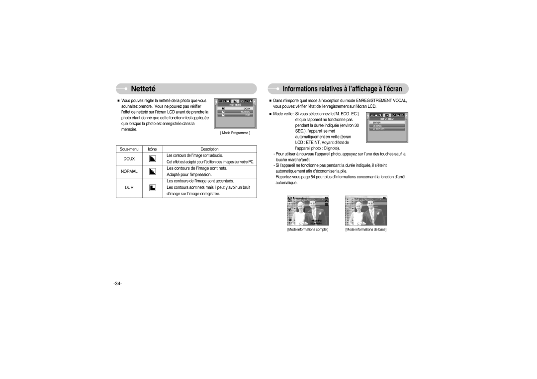 Samsung EC-S700ZBBB/FR, EC-S700ZBBC/FR manual Netteté, Les contours de l’image sont nets, Adapté pour l’impression, Doux 