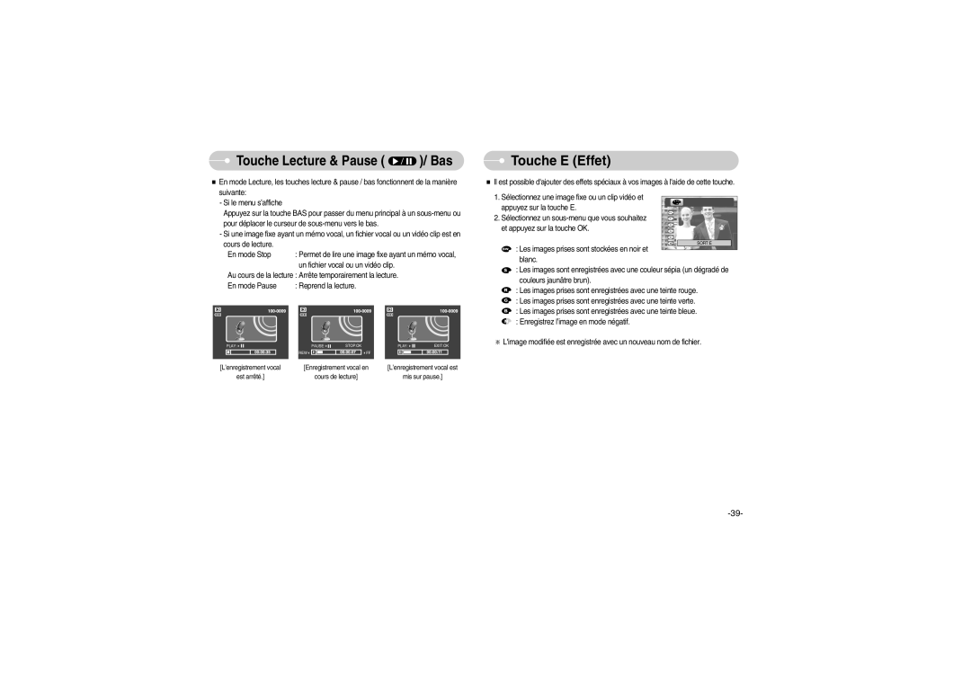 Samsung EC-S700ZBBD/FR, EC-S700ZBBB/FR, EC-S700ZBBC/FR, EC-S700ZSBB/FR manual Touche E Effet, Touche Lecture & Pause / Bas 