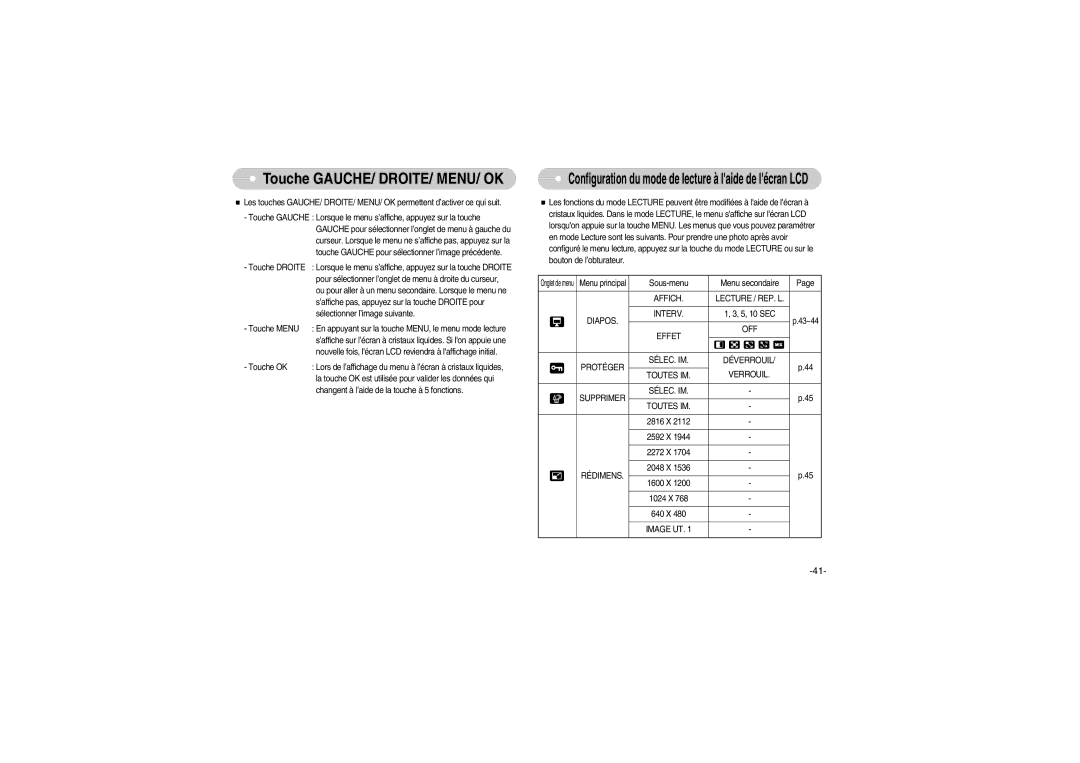 Samsung EC-S700ZBBB/FR, EC-S700ZBBC/FR, EC-S700ZSBB/FR manual Affich Lecture / REP. L Diapos Interv, Off, Rédimens, Image UT 