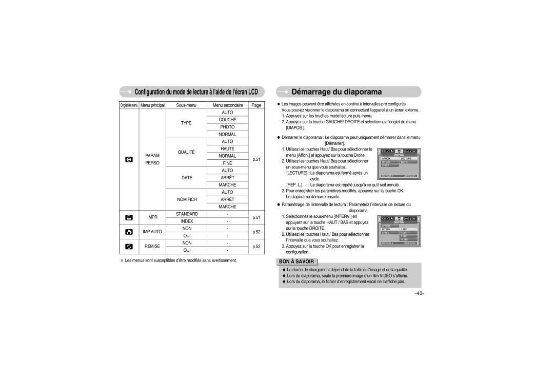 Samsung EC-S700ZSBB/FR, EC-S700ZBBB/FR, EC-S700ZBBC/FR, EC-S700ZSBA/FR, EC-S700ZSBB/E1, EC-S700ZBBD/FR Démarrage du diaporama 