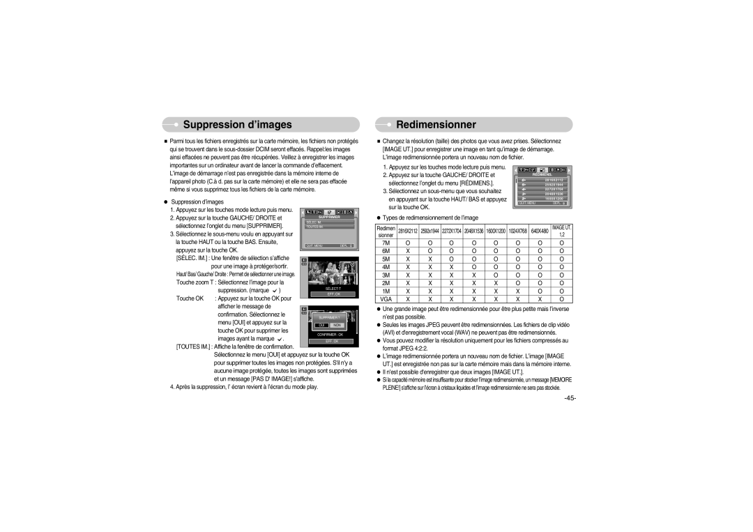 Samsung EC-S700ZSBB/E1, EC-S700ZBBB/FR Suppression d’images, Redimensionner, Toutes IM. Affiche la fenêtre de confirmation 