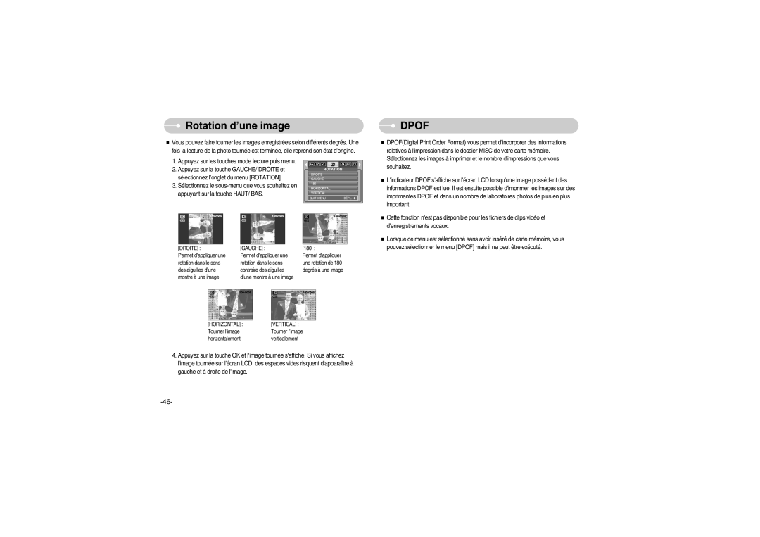 Samsung EC-S700ZBBD/FR, EC-S700ZBBB/FR, EC-S700ZBBC/FR, EC-S700ZSBB/FR, EC-S700ZSBA/FR manual Rotation d’une image, Dpof 