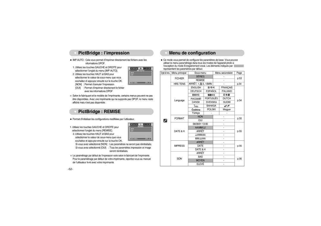 Samsung EC-S700ZSBB/E1, EC-S700ZBBB/FR, EC-S700ZBBC/FR, EC-S700ZSBB/FR manual Menu de configuration, PictBridge Remise, Magyar 