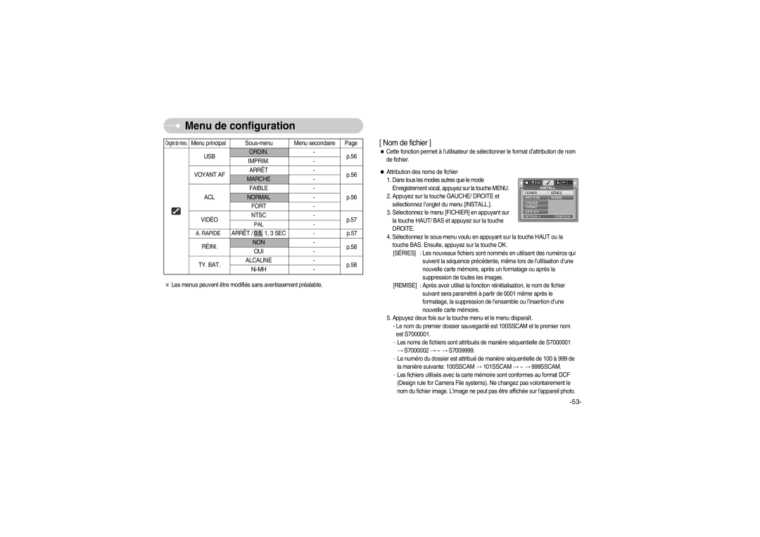 Samsung EC-S700ZBBD/FR, EC-S700ZBBB/FR, EC-S700ZBBC/FR, EC-S700ZSBB/FR, EC-S700ZSBA/FR manual Réini NON OUI TY. BAT Alcaline 