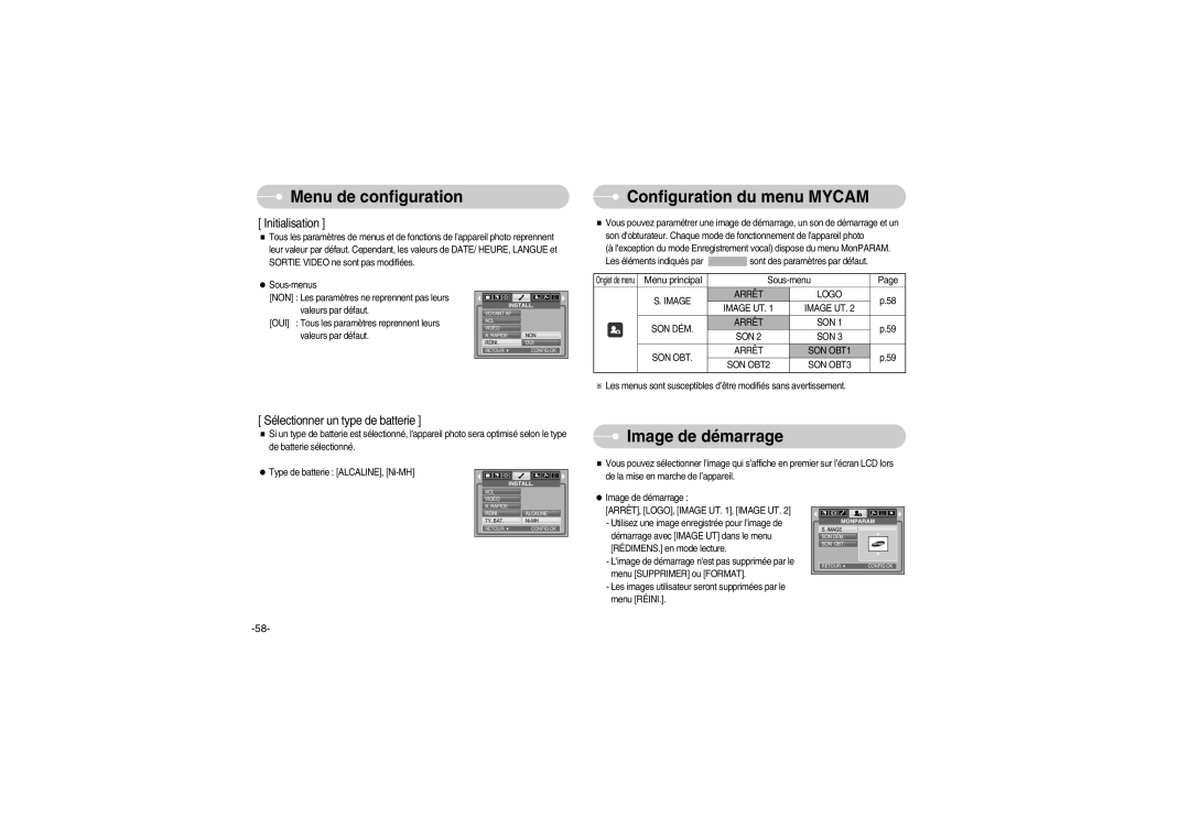 Samsung EC-S700ZSBA/FR Configuration du menu Mycam, Image de démarrage, Menu principal, Type de batterie ALCALINE, Ni-MH 