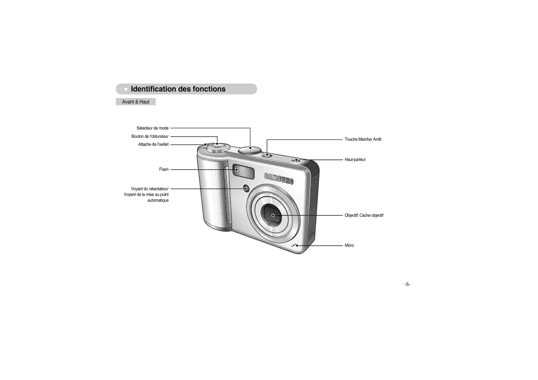 Samsung EC-S700ZBBA/FR, EC-S700ZBBB/FR, EC-S700ZBBC/FR, EC-S700ZSBB/FR manual Identification des fonctions, Avant & Haut 