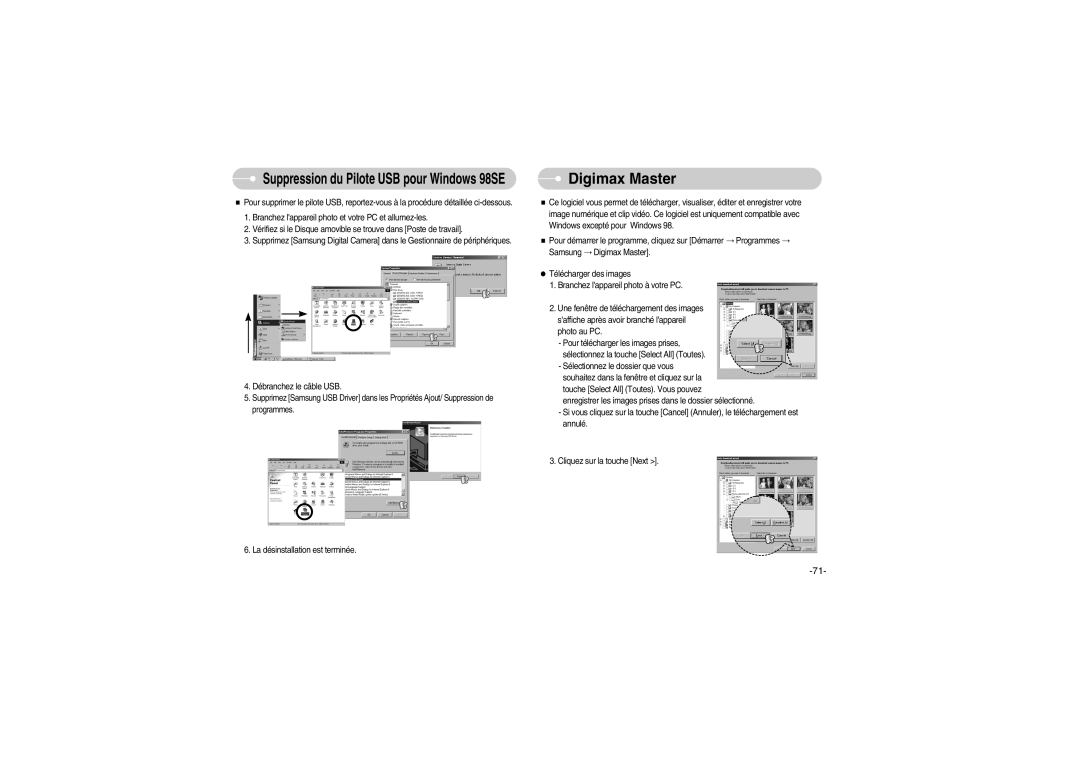 Samsung EC-S700ZSBB/FR, EC-S700ZBBB/FR, EC-S700ZBBC/FR manual Digimax Master, Suppression du Pilote USB pour Windows 98SE 