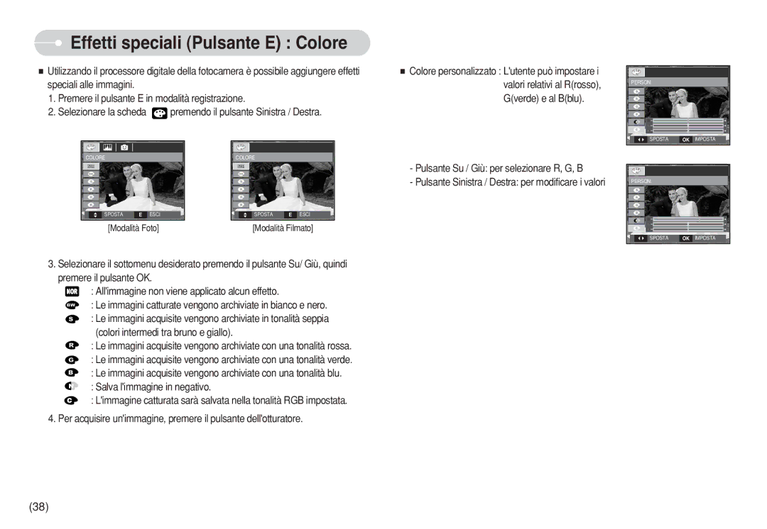 Samsung EC-S630ZSFA/IT, EC-S750ZBDA/E3 manual Effetti speciali Pulsante E Colore, Pulsante Su / Giù per selezionare R, G, B 