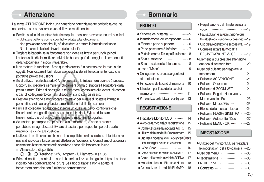 Samsung EC-S630ZEBB/E2, EC-S750ZBDA/E3, EC-S730ZBDA/DE, EC-S630ZPBB/E2 Attenzione, Sommario, Registrazione Voce, Nitidezza 