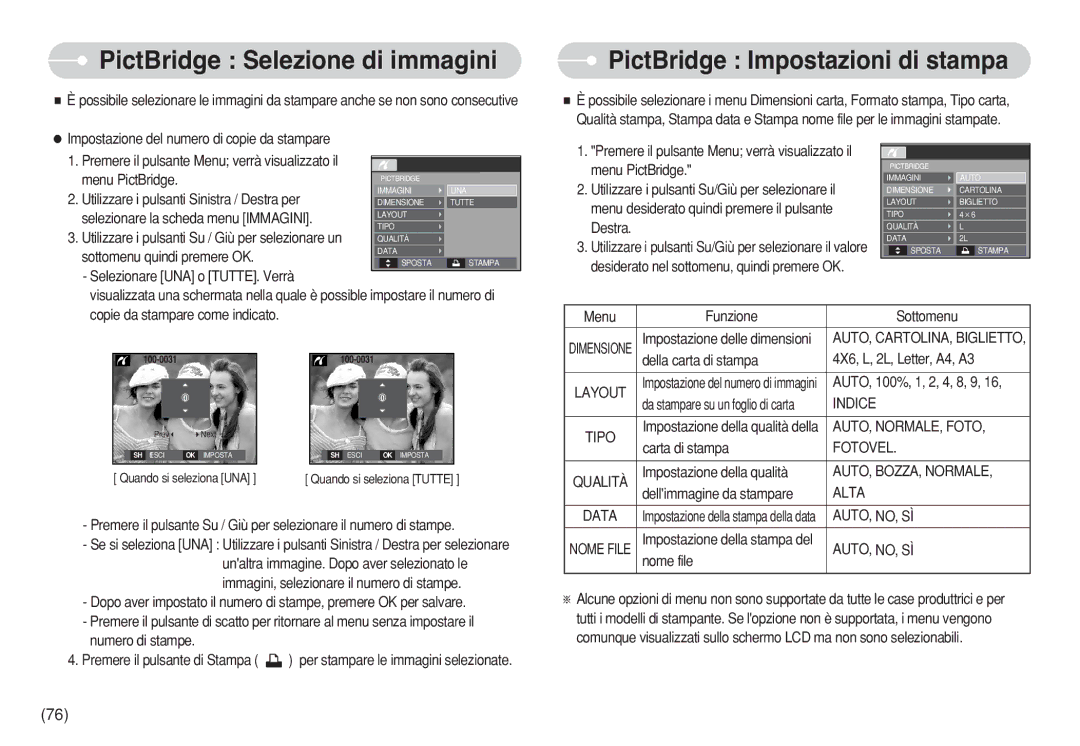 Samsung EC-S630ZEBA/IT, EC-S750ZBDA/E3, EC-S730ZBDA/DE PictBridge Selezione di immagini, PictBridge Impostazioni di stampa 