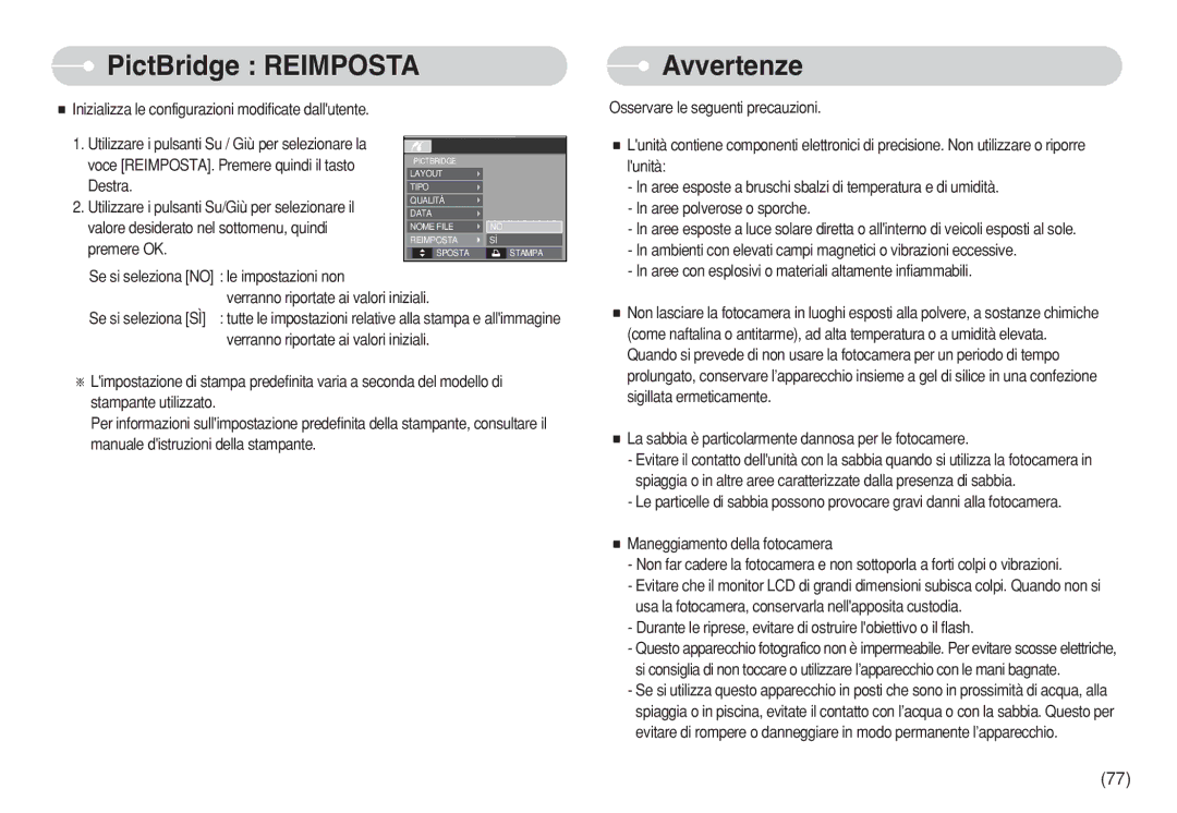 Samsung EC-S630ZSFC/E1, STW-S630S PictBridge Reimposta Avvertenze, La sabbia è particolarmente dannosa per le fotocamere 