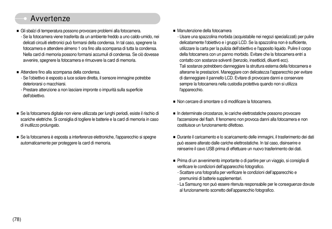 Samsung EC-S750ZPBA/IT, EC-S750ZBDA/E3, EC-S730ZBDA/DE, EC-S630ZPBB/E2, EC-S750ZSDA/E3 manual Manutenzione della fotocamera 