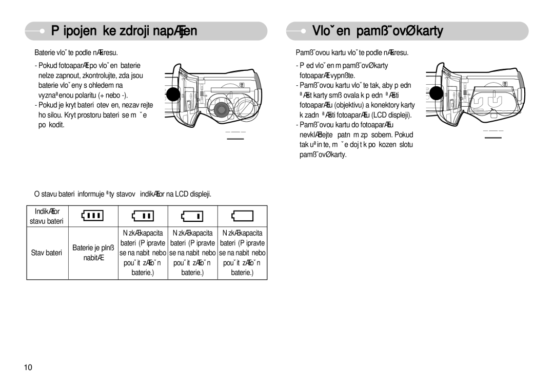 Samsung EC-S750ZSDA/E3, EC-S750ZBDA/E3, EC-S630ZSHA/E3, EC-S630ZBHA/E3 Pﬁipojení ke zdroji napájení VloÏení pamûÈové karty 