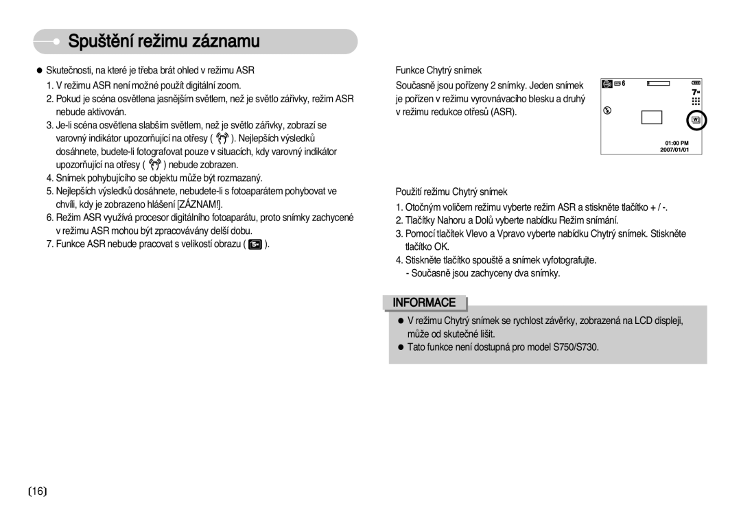 Samsung EC-S630ZSHA/E3, EC-S750ZBDA/E3, EC-S750ZSDA/E3, EC-S630ZBHA/E3, EC-S630ZRDA/E3 manual Spu‰tûní reÏimu záznamu 