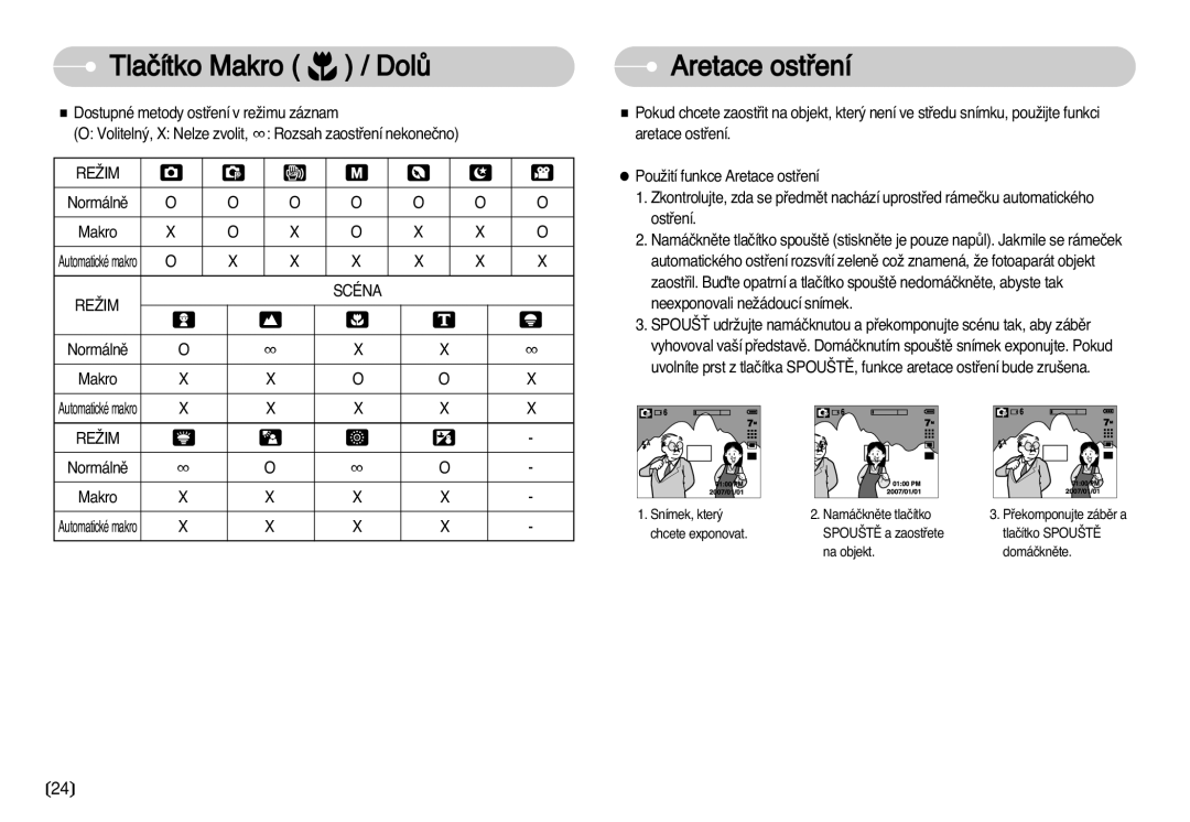 Samsung EC-S750ZBDA/E3, EC-S750ZSDA/E3 manual Tlaãítko Makro DolÛ, Aretace ostﬁení, Dostupné metody ostﬁení v reÏimu záznam 