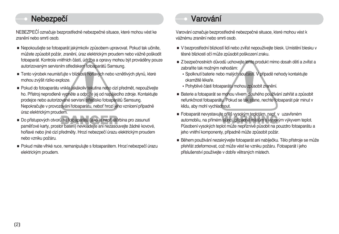 Samsung EC-S630ZBHA/E3, EC-S750ZBDA/E3, EC-S750ZSDA/E3, EC-S630ZSHA/E3, EC-S630ZRDA/E3 manual Nebezpeãí, Varování 