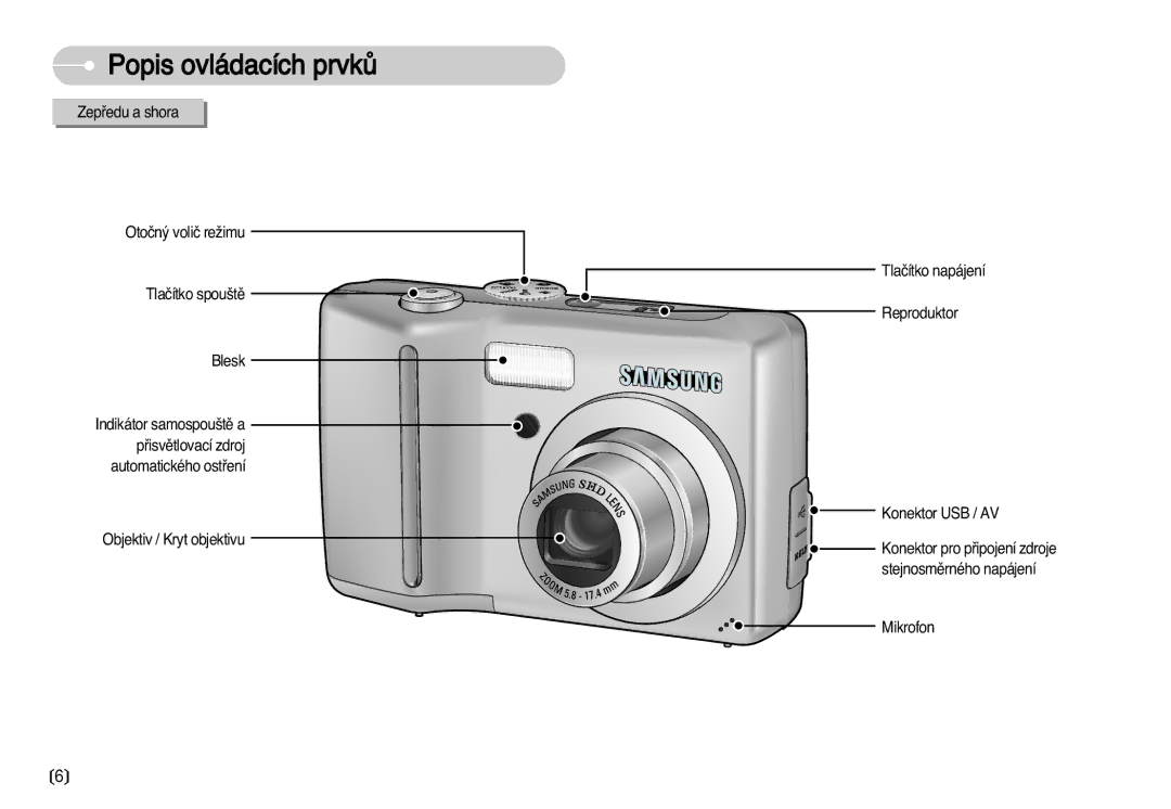 Samsung EC-S630ZSHA/E3 manual Popis ovládacích prvkÛ, Zepﬁedu a shora Otoãn˘ voliã reÏimu Tlaãítko spou‰tû Blesk, Mikrofon 