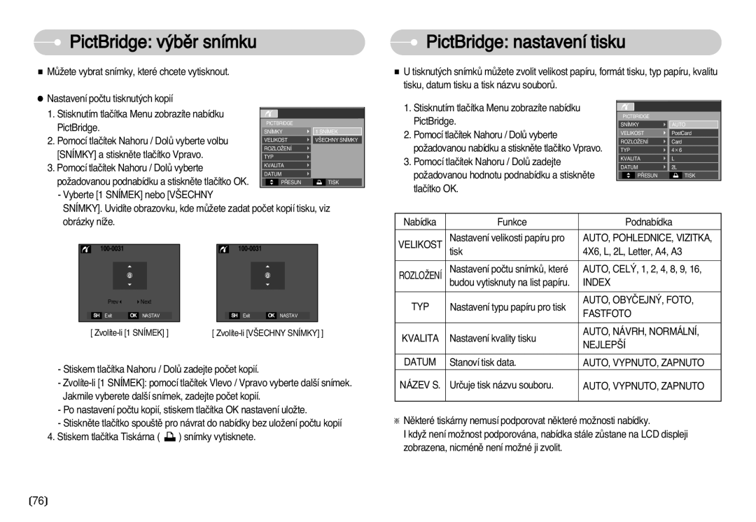 Samsung EC-S630ZSHA/E3, EC-S750ZBDA/E3, EC-S750ZSDA/E3, EC-S630ZBHA/E3 PictBridge v˘bûr snímku, PictBridge nastavení tisku 