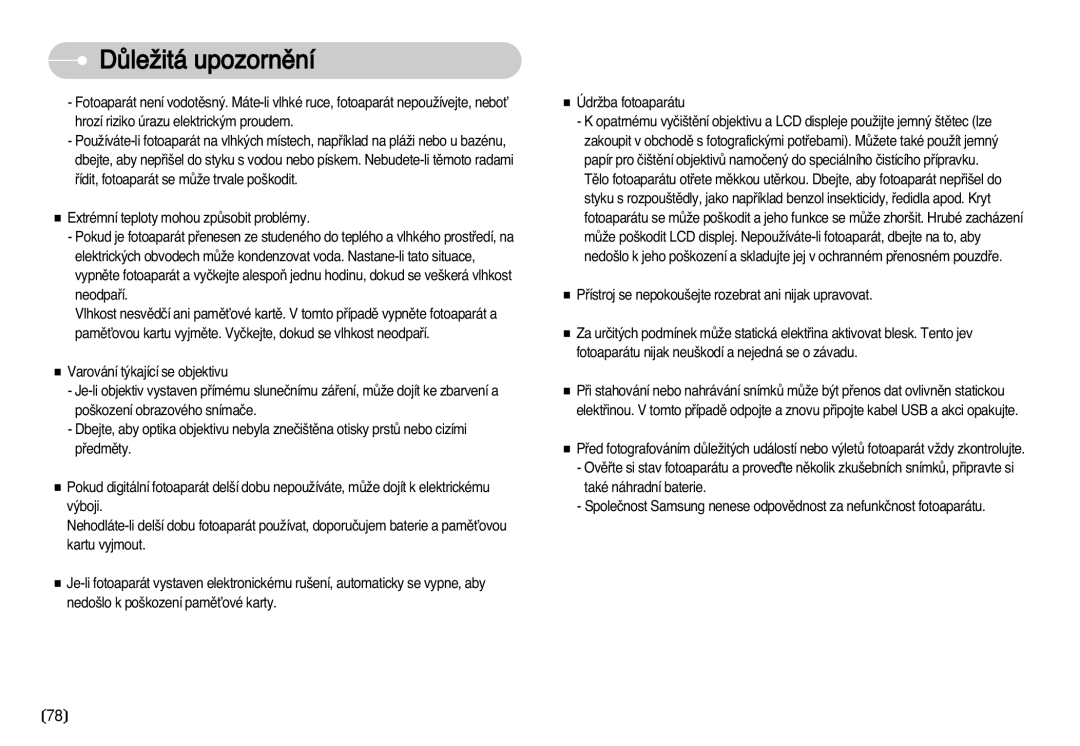 Samsung EC-S630ZRDA/E3, EC-S750ZBDA/E3, EC-S750ZSDA/E3, EC-S630ZSHA/E3, EC-S630ZBHA/E3 manual DÛleÏitá upozornûní 