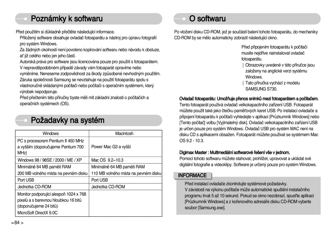 Samsung EC-S750ZBDA/E3, EC-S750ZSDA/E3, EC-S630ZSHA/E3, EC-S630ZBHA/E3 Poznámky k softwaru, PoÏadavky na systém, Softwaru 