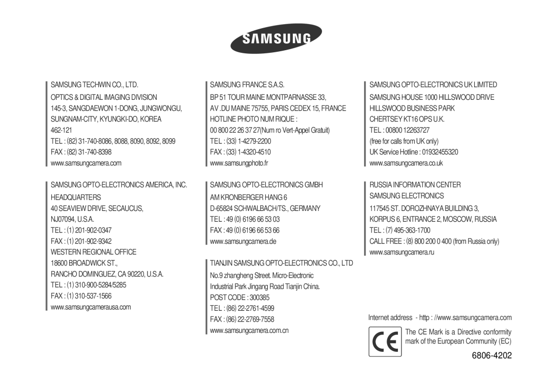 Samsung EC-S630ZBHA/E3, EC-S750ZBDA/E3, EC-S750ZSDA/E3, EC-S630ZSHA/E3, EC-S630ZRDA/E3 manual 6806-4202 