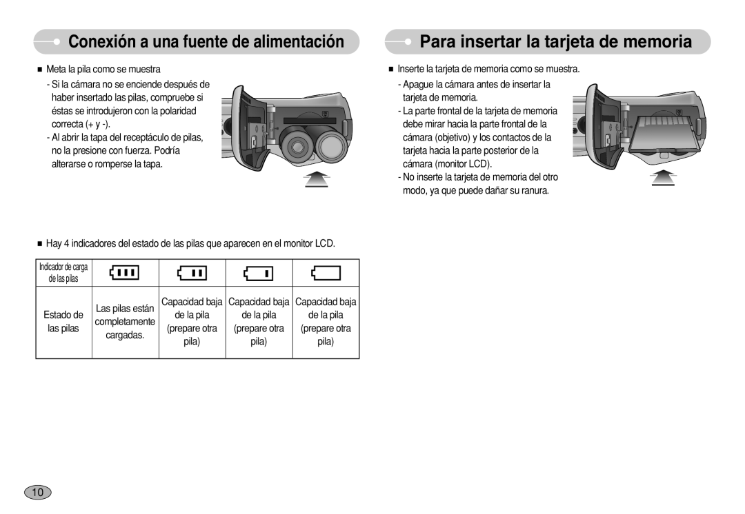 Samsung EC-S630ZRDA/E3 Para insertar la tarjeta de memoria, Meta la pila como se muestra, Indicador de carga De las pilas 