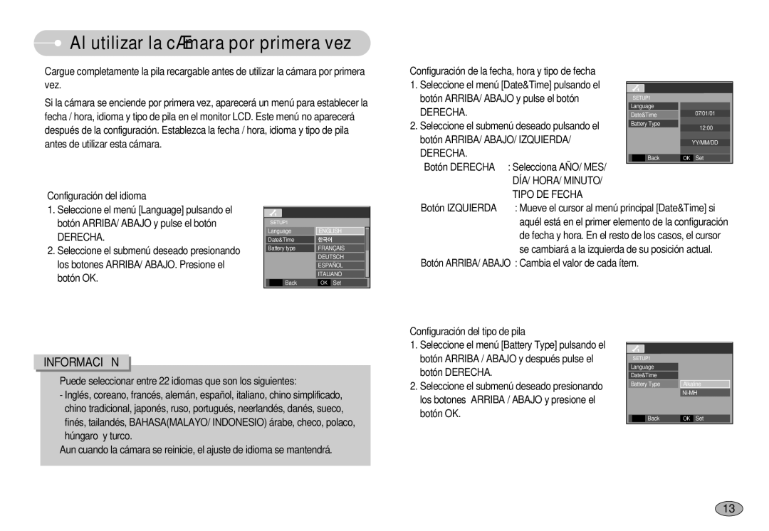 Samsung EC-S750ZRDA/E3, EC-S750ZRBB/E1, EC-S750ZBDA/E3 manual Al utilizar la cámara por primera vez, Derecha, Tipo DE Fecha 