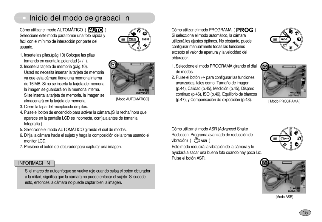 Samsung EC-S750ZPBB/E1, EC-S750ZRBB/E1 manual Inicio del modo de grabación, Inserte la tarjeta de memoria pág.10, De modos 