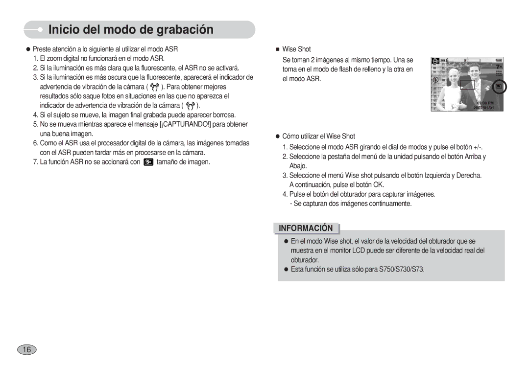 Samsung EC-S630ZPBB/E1, EC-S750ZRBB/E1, EC-S750ZBDA/E3, EC-S730ZBDA/DE, EC-S630ZRBB/E1 manual Inicio del modo de grabación 