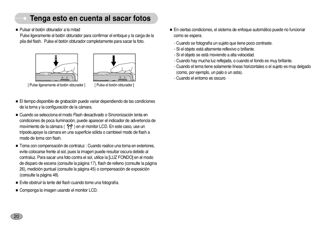 Samsung EC-S750ZSBA/AS, EC-S750ZRBB/E1 manual Tenga esto en cuenta al sacar fotos, Pulsar el botón obturador a la mitad 