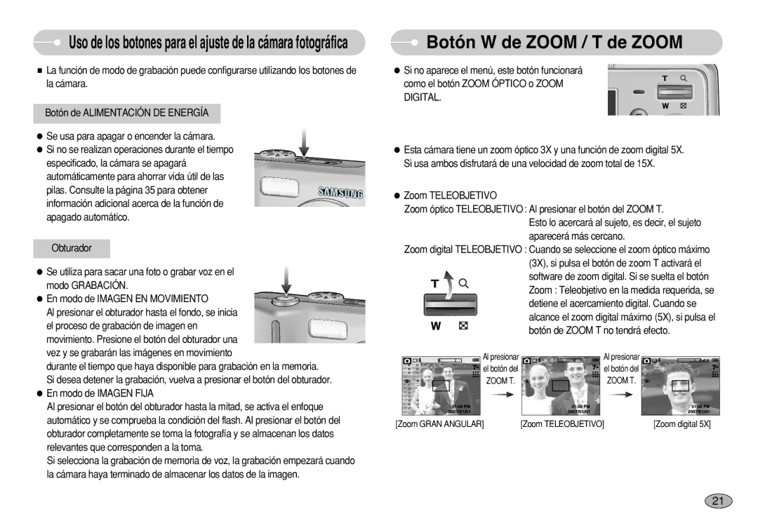 Samsung EC-S750ZRDA/AS manual Botón W de Zoom / T de Zoom, Uso de los botones para el ajuste de la cámara fotográfica 