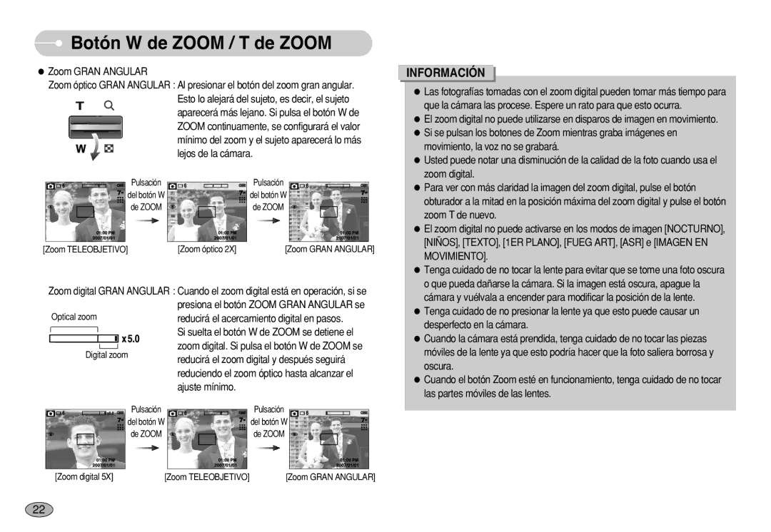 Samsung EC-S630ZEBB/E1, EC-S750ZRBB/E1, EC-S750ZBDA/E3, EC-S730ZBDA/DE, EC-S630ZRBB/E1, EC-S750ZSDA/E3 manual Zoom Gran Angular 