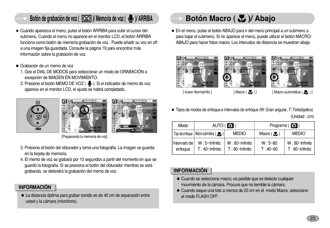 Samsung EC-S750ZPDA/AS, EC-S750ZRBB/E1, EC-S750ZBDA/E3, EC-S730ZBDA/DE, EC-S630ZRBB/E1 manual Botón Macro / Abajo, Medio 