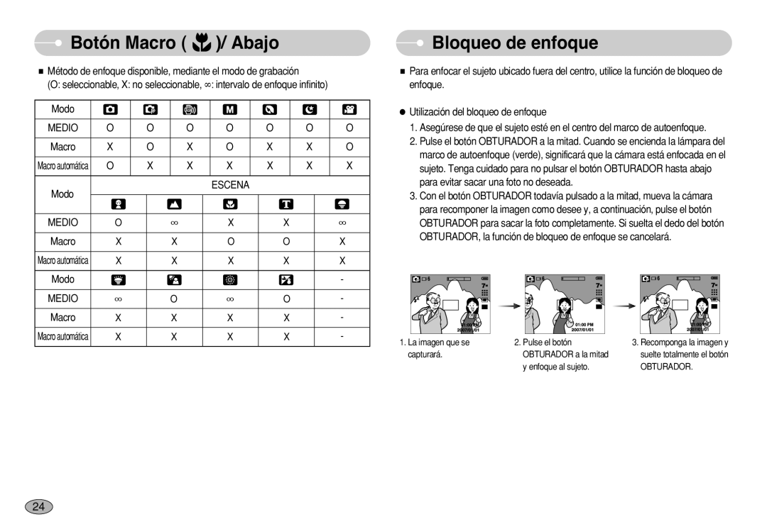 Samsung EC-S630ZSFA/AS, EC-S750ZRBB/E1, EC-S750ZBDA/E3, EC-S730ZBDA/DE, EC-S630ZRBB/E1, EC-S750ZSDA/E3 manual Bloqueo de enfoque 