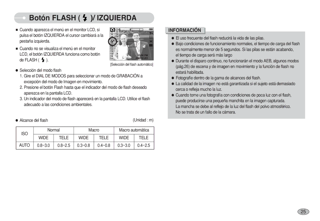 Samsung EC-S630ZRBD/E2 Botón Flash / Izquierda, El uso frecuente del flash reducirá la vida de las pilas, Normal Macro 