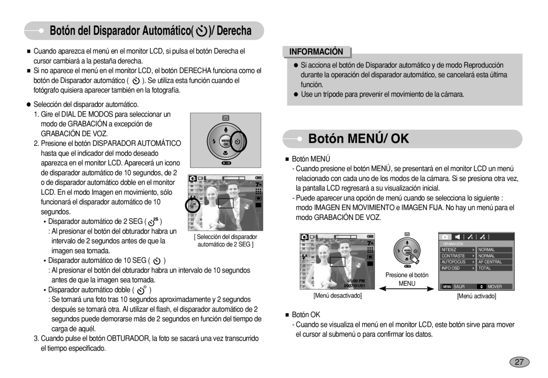 Samsung EC-S630ZEBF/E1, EC-S750ZRBB/E1, EC-S750ZBDA/E3, EC-S730ZBDA/DE, EC-S630ZRBB/E1 manual Botón MENÚ/ OK, Grabación DE VOZ 