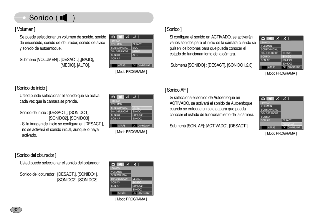 Samsung EC-S750ZSDA/E3, EC-S750ZRBB/E1, EC-S750ZBDA/E3, EC-S730ZBDA/DE, EC-S630ZRBB/E1, EC-S630ZSHA/E3 manual Sonido, Volumen 