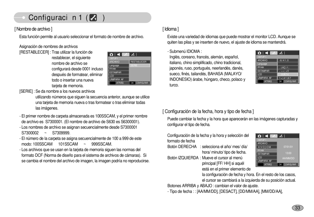 Samsung EC-S630ZSHA/E3, EC-S750ZRBB/E1 manual Configuración, Serie Se da nombre a los nuevos archivos Submenú Idioma 