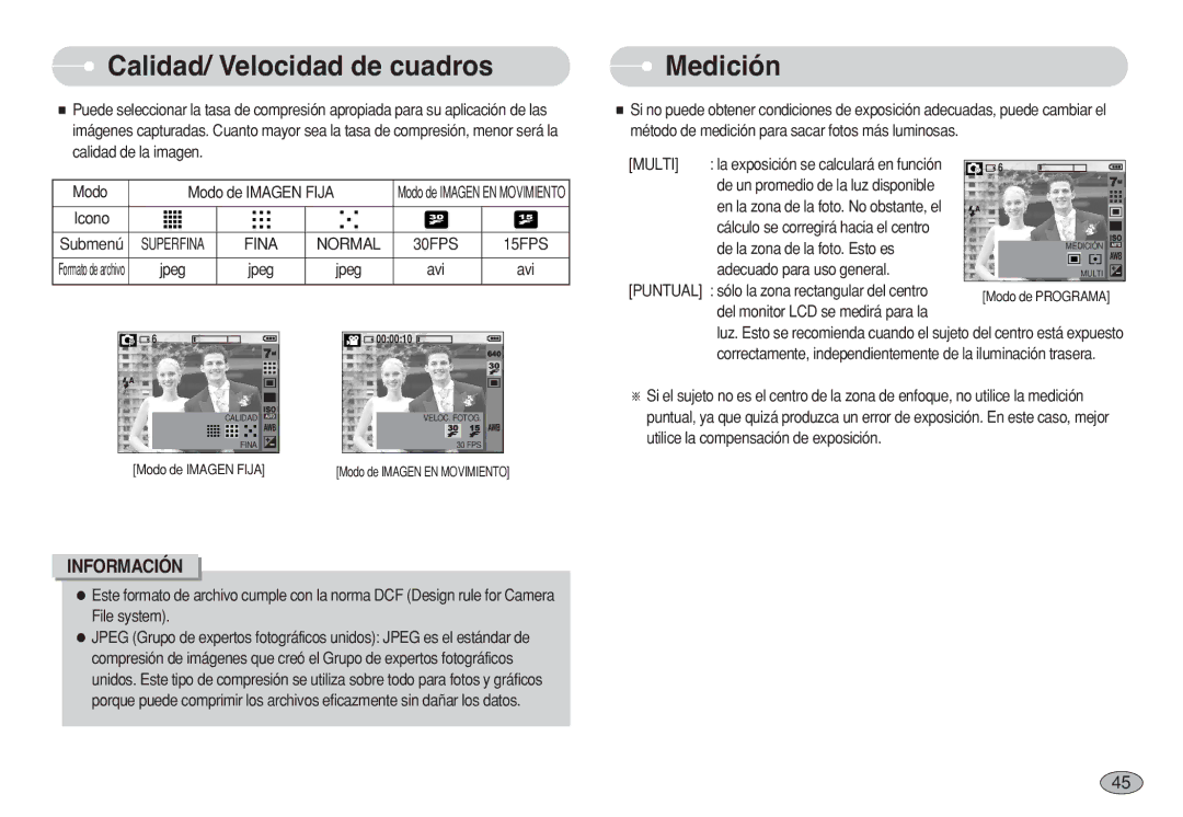 Samsung EC-S630ZPBB/E1, EC-S750ZRBB/E1, EC-S750ZBDA/E3 manual Calidad/ Velocidad de cuadros, Medición, Normal 30FPS, Multi 