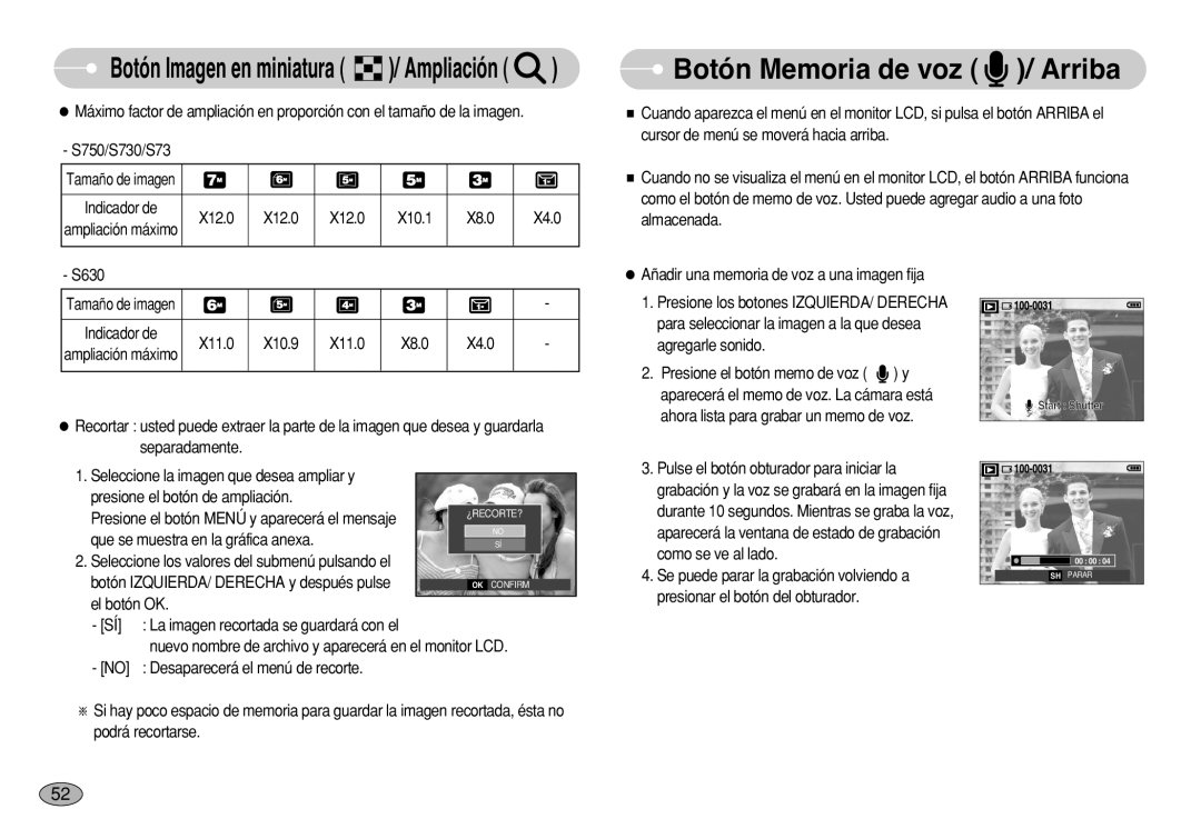 Samsung EC-S750ZPDA/AS, EC-S750ZRBB/E1 manual Botón Memoria de voz / Arriba, X12.0 X10.1 X8.0, X11.0 X10.9 X8.0 X4.0 